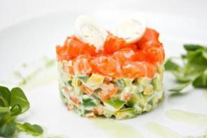 Salmon Olivier recipe.  Salad “Olivier with salmon.  Olivier “Fisherman